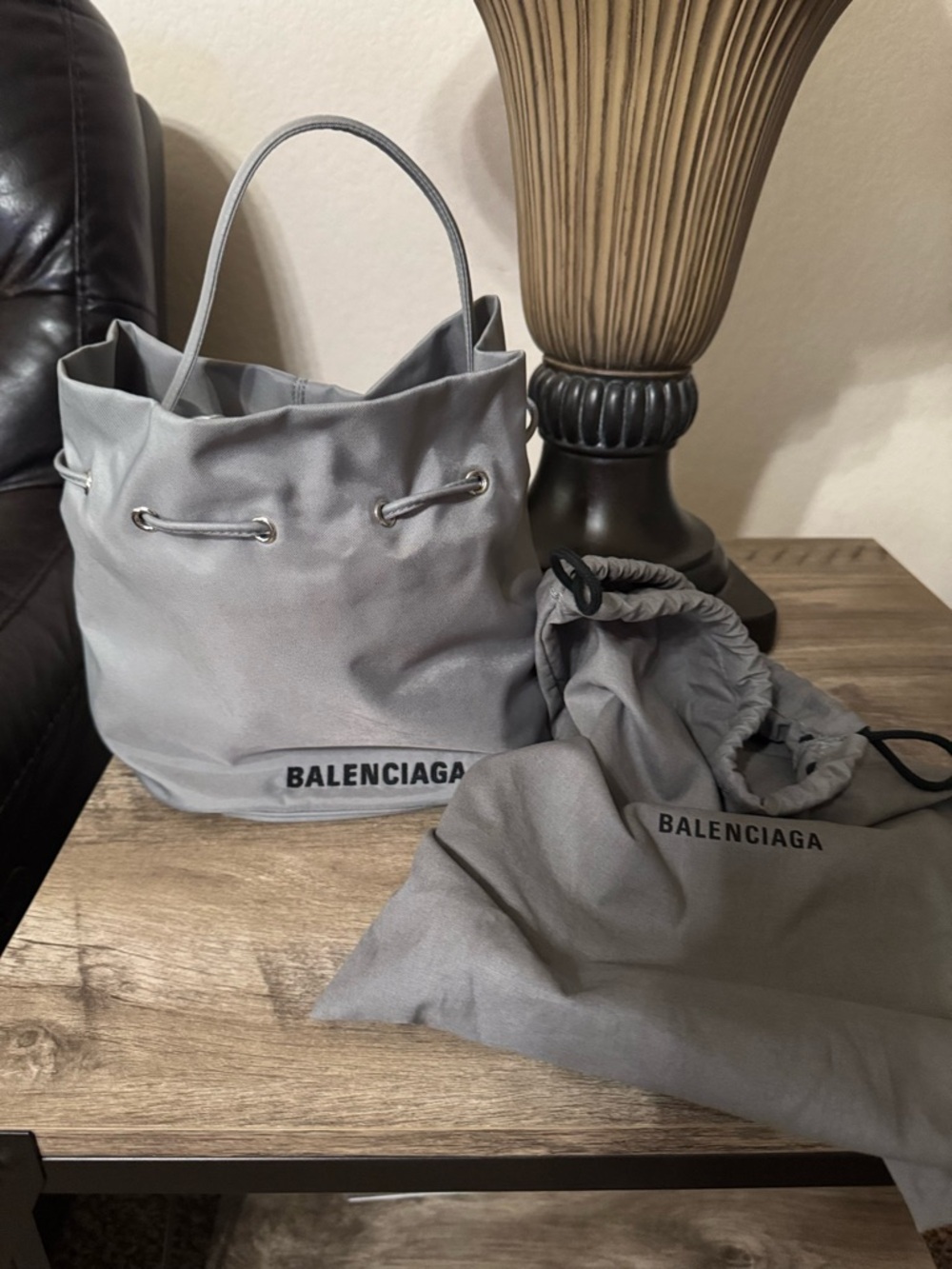 BALENCIAGA WOMEN'S WHEEL SMALL DRAWSTRING BUCKET BAG IN GREY - Picture 5 of 11